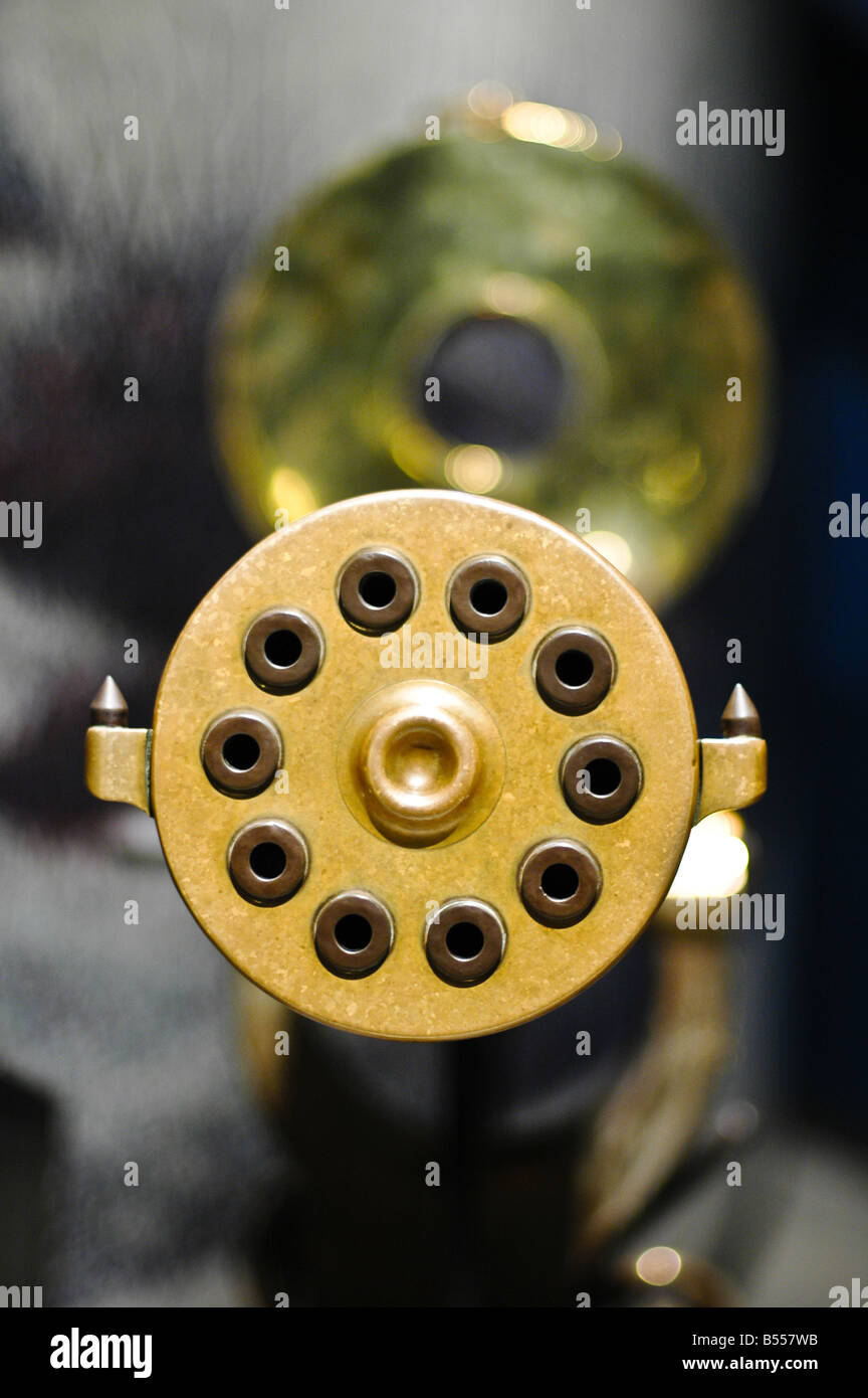 The muzzle of a brass ten chamber rotating barrel gun used during the first world war. Stock Photo