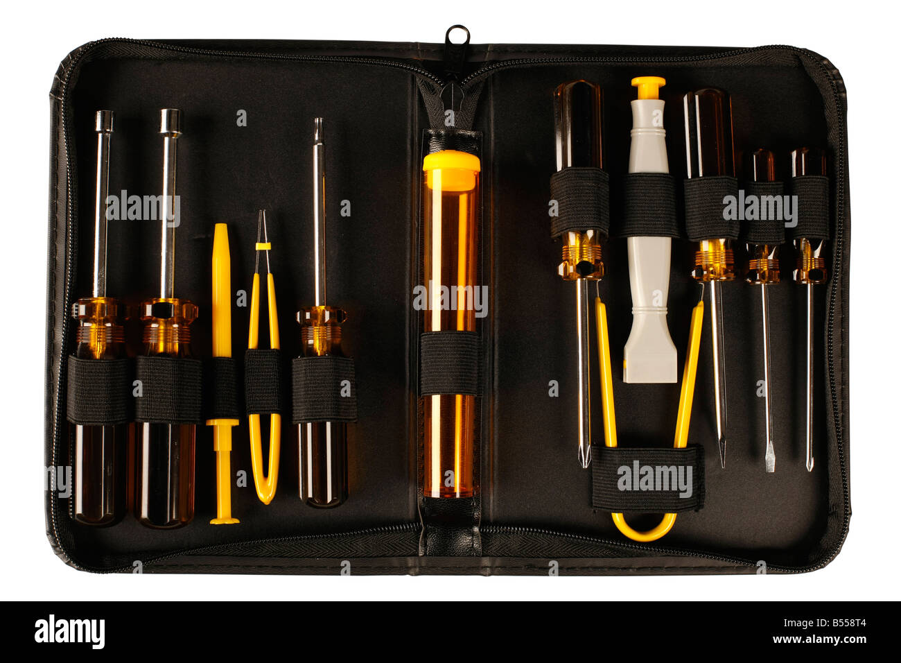 A open tool kit with screwdrivers and pliers and other items isolated on white with clipping paths Stock Photo