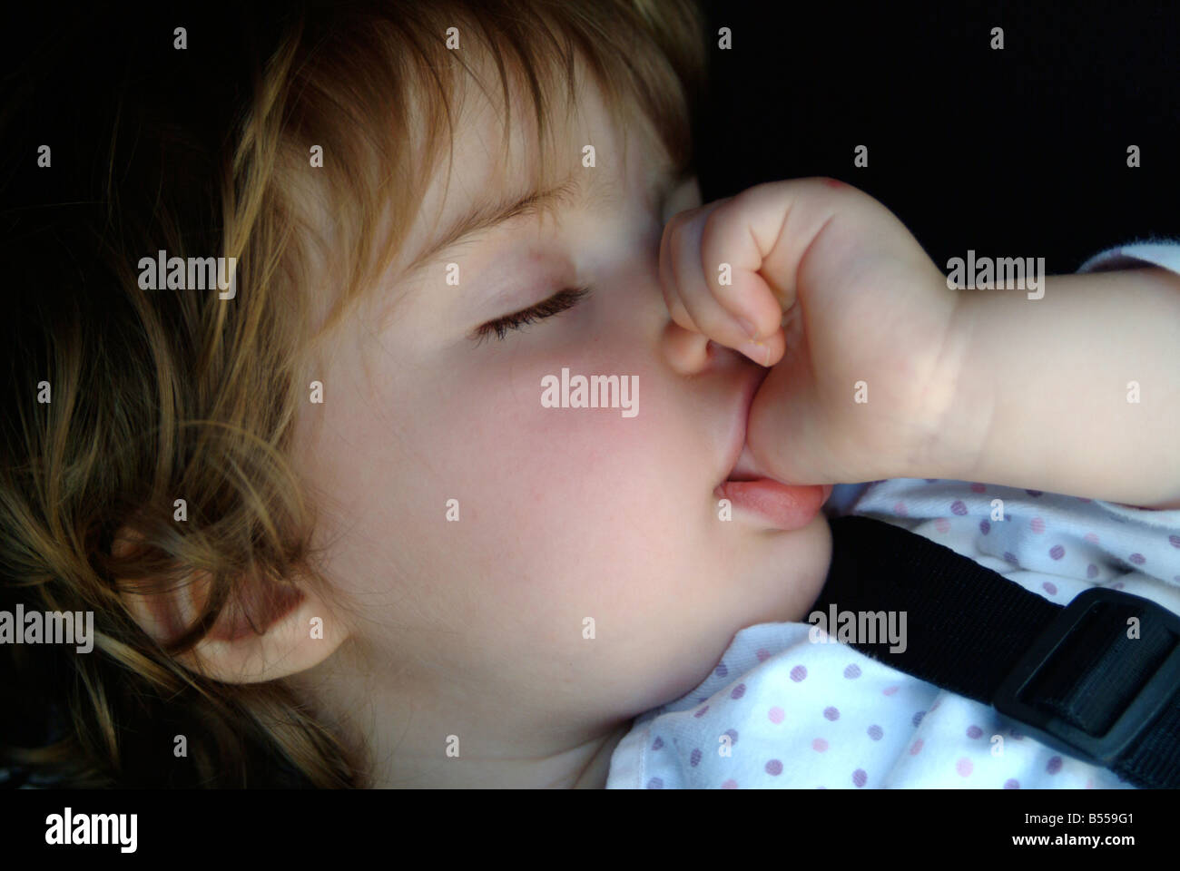 Little 2 year old girl fast asleep sucking her thumb Stock Photo