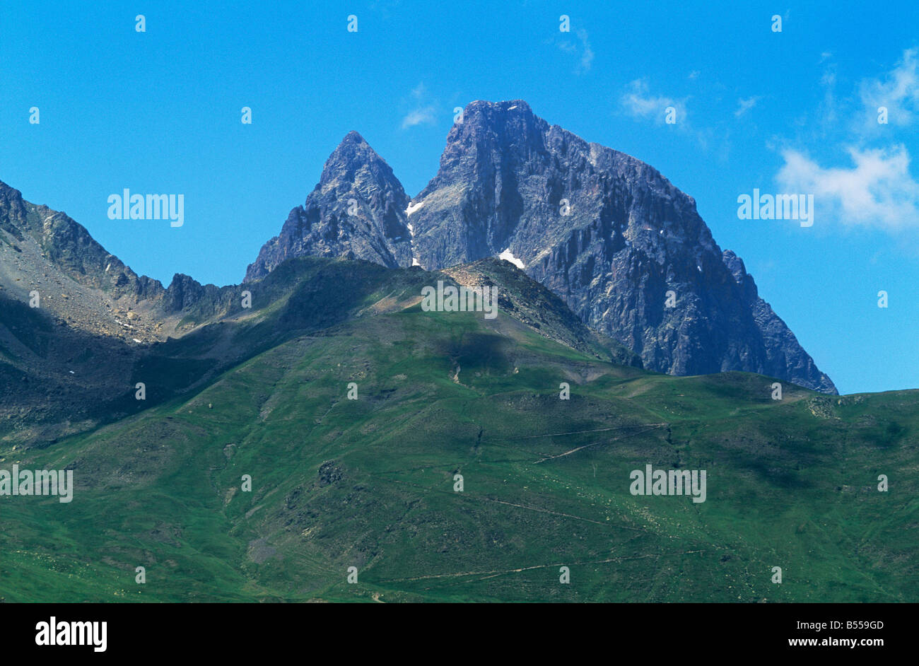 Pic du Midi d'Ossau, a volcanic massif in the French Pyrenees that looms above the Ossau valley Stock Photo