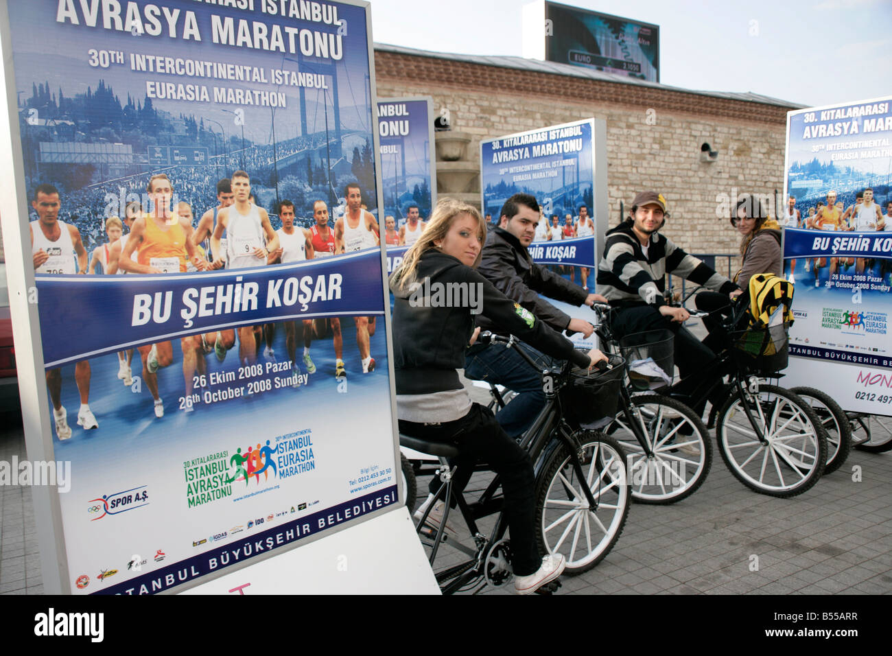 Advertising the 30th Intercontinental Istanbul Eurasia Marathon in Taksim, Istanbul, Turkey, 2008 Stock Photo
