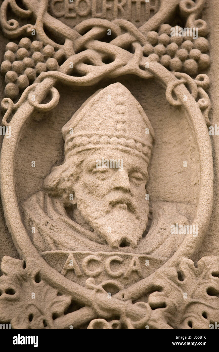 A stone carving shows Acca, one of the figures from Northumbria's Anglo-Saxon history. Stock Photo