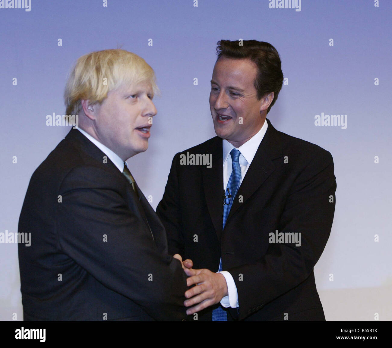 Conservative Party Conference at the Winter Gardens Blackool 2007 Wild eyed Boris Johnson is congratulated by David Cameron at Tory Conference Stock Photo