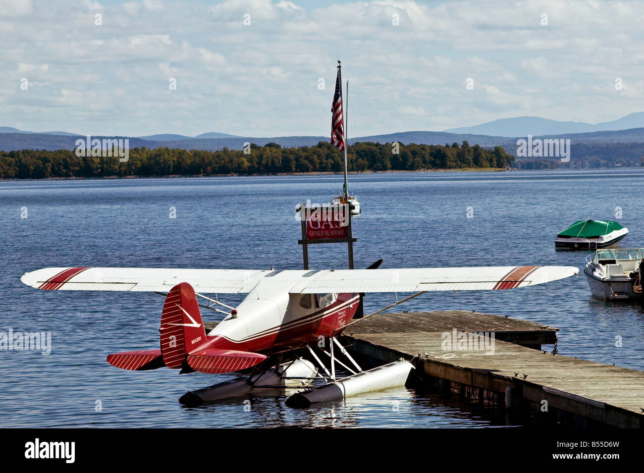 airplane tied tot he gas station float, Lake Champlain NY Stock Photo