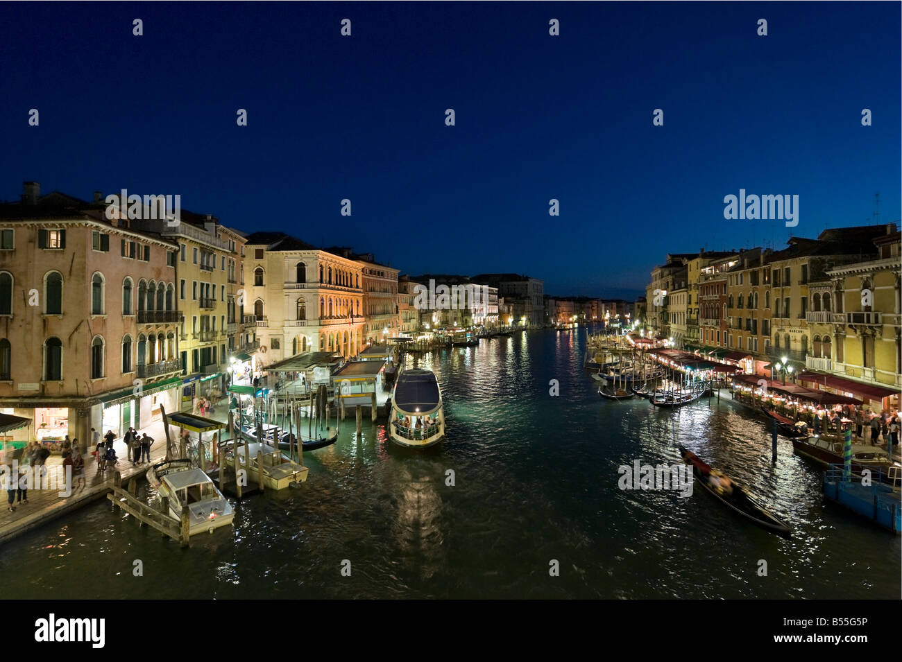 View of the Grand Canal from the Rialto Bridge at night, District of San Marco, Venice, Veneto, Italy Stock Photo