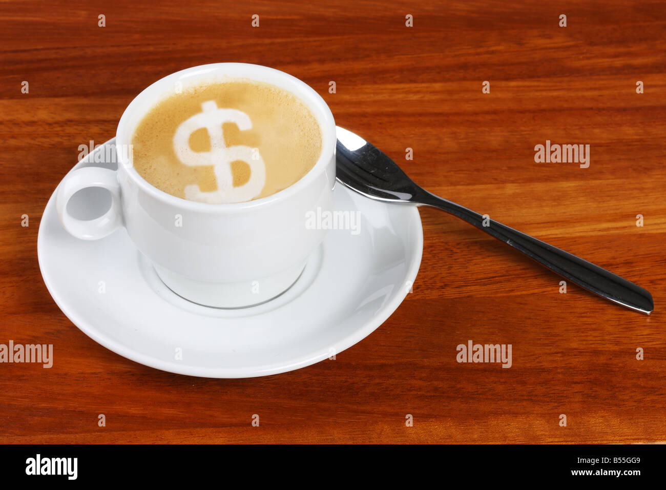 Cup of coffee with the dollar sign made in the coffee foam Stock Photo