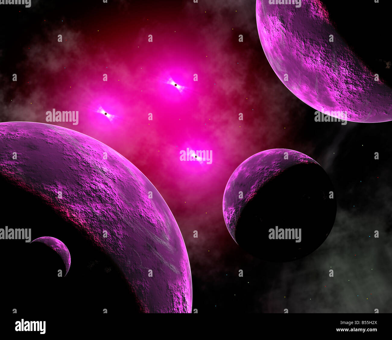 Trinary Star System, A SciFi Fantasy Concept Image. Stock Photo