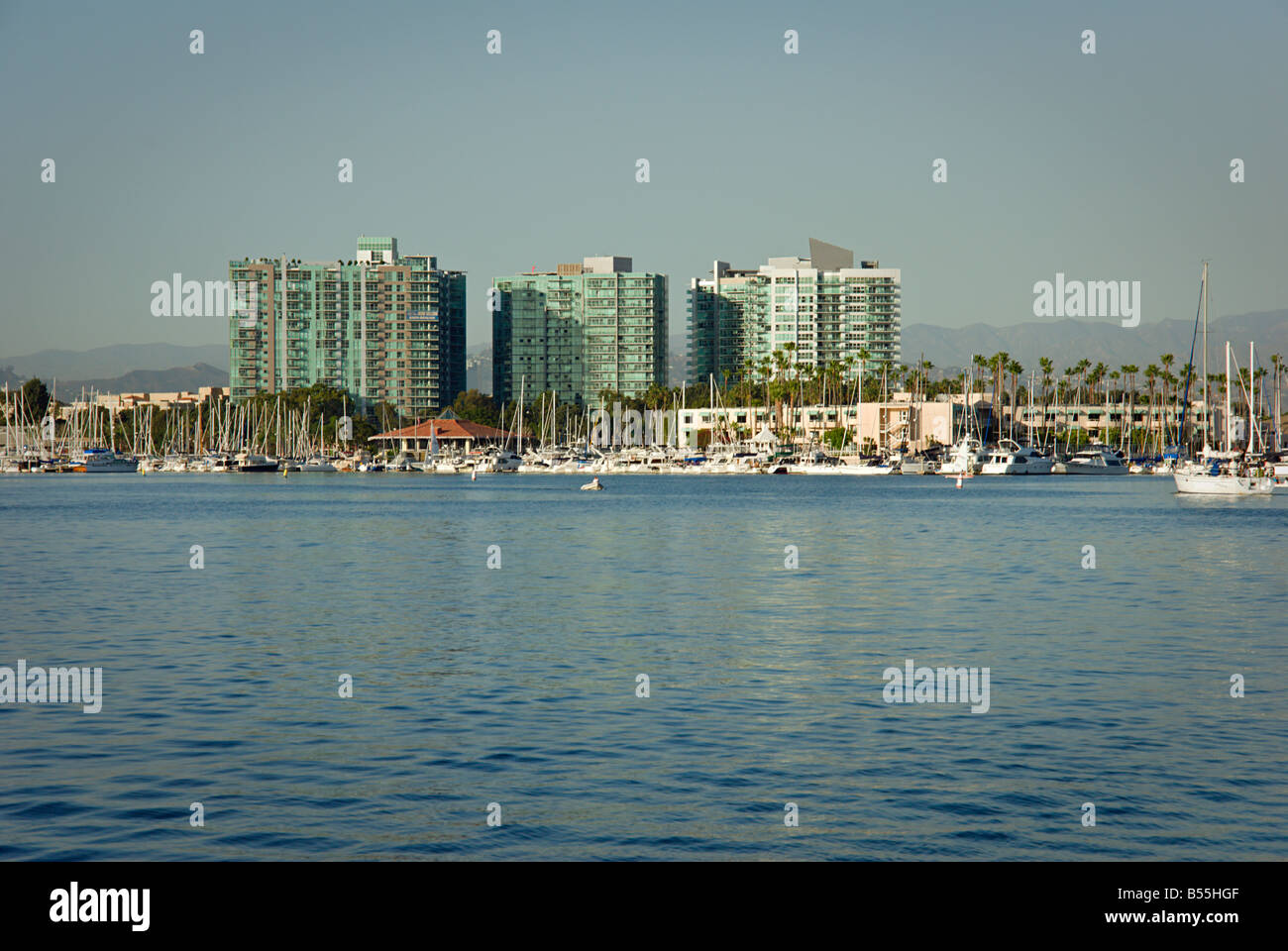 Marina del Rey CA  main channel 31-story Marina Del Rey Tower largest man-made small boat harbor in the U.S with 19 marinas Stock Photo