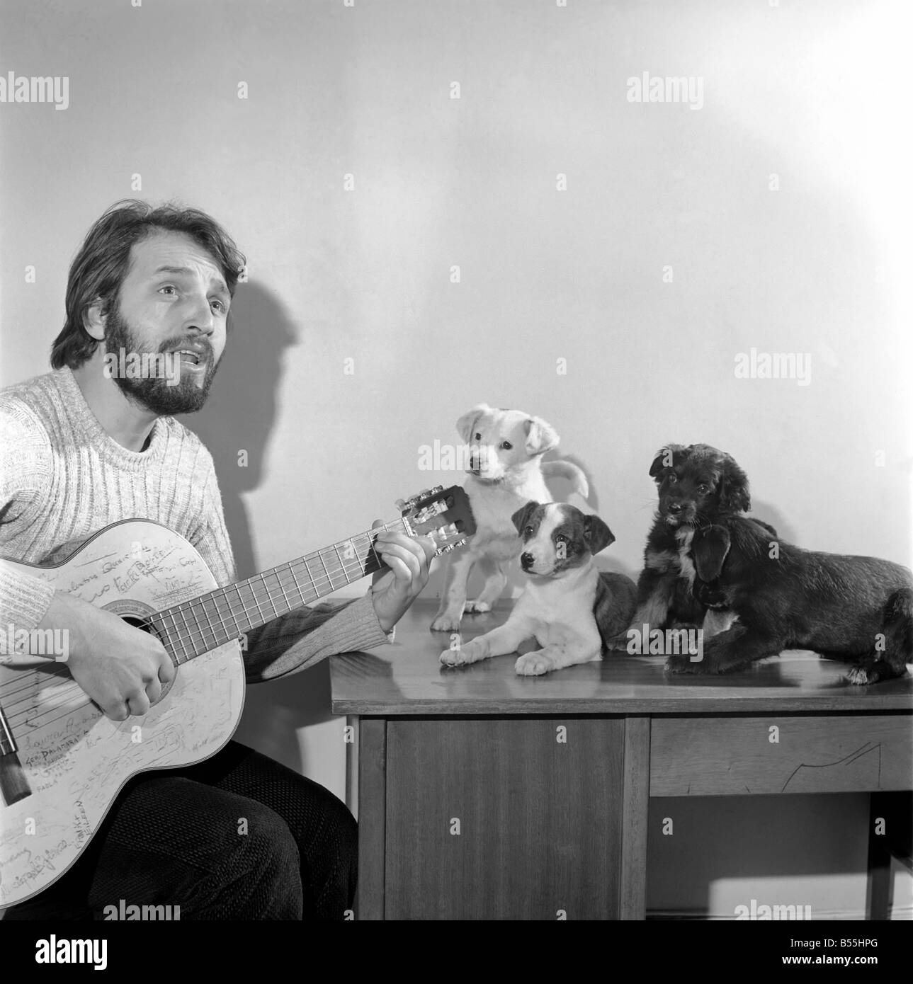 Salvatore Sangiorgi Italian singer and guitarist seen here at the RSPCA Home and Clinic Trenmare Gardens, London, singing to a pair of abandoned dogs December 1969 Z11924 Stock Photo