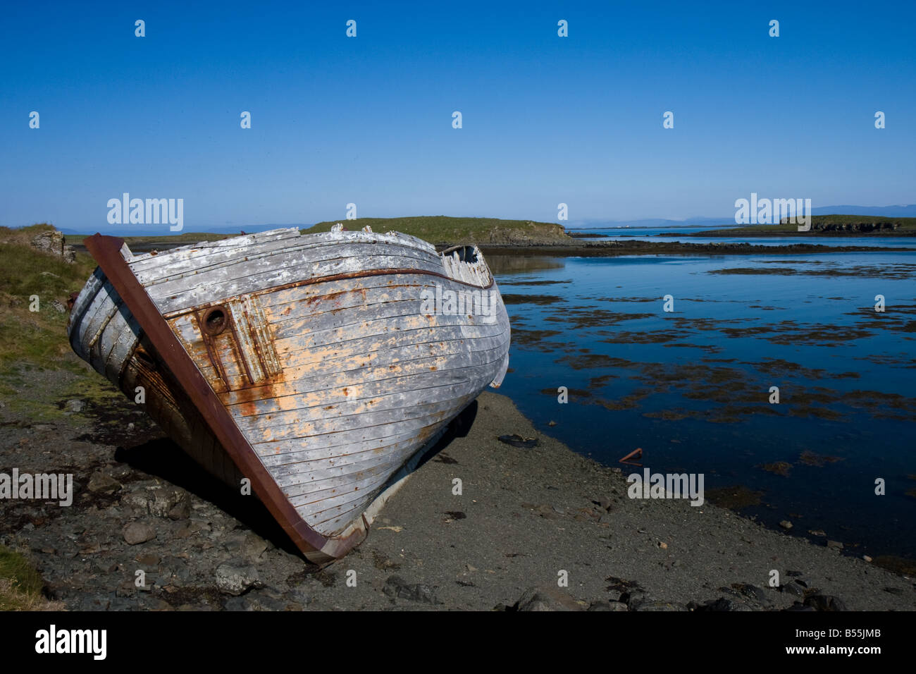 Abandoned boat on Flatey Island, Iceland, Stock Photo