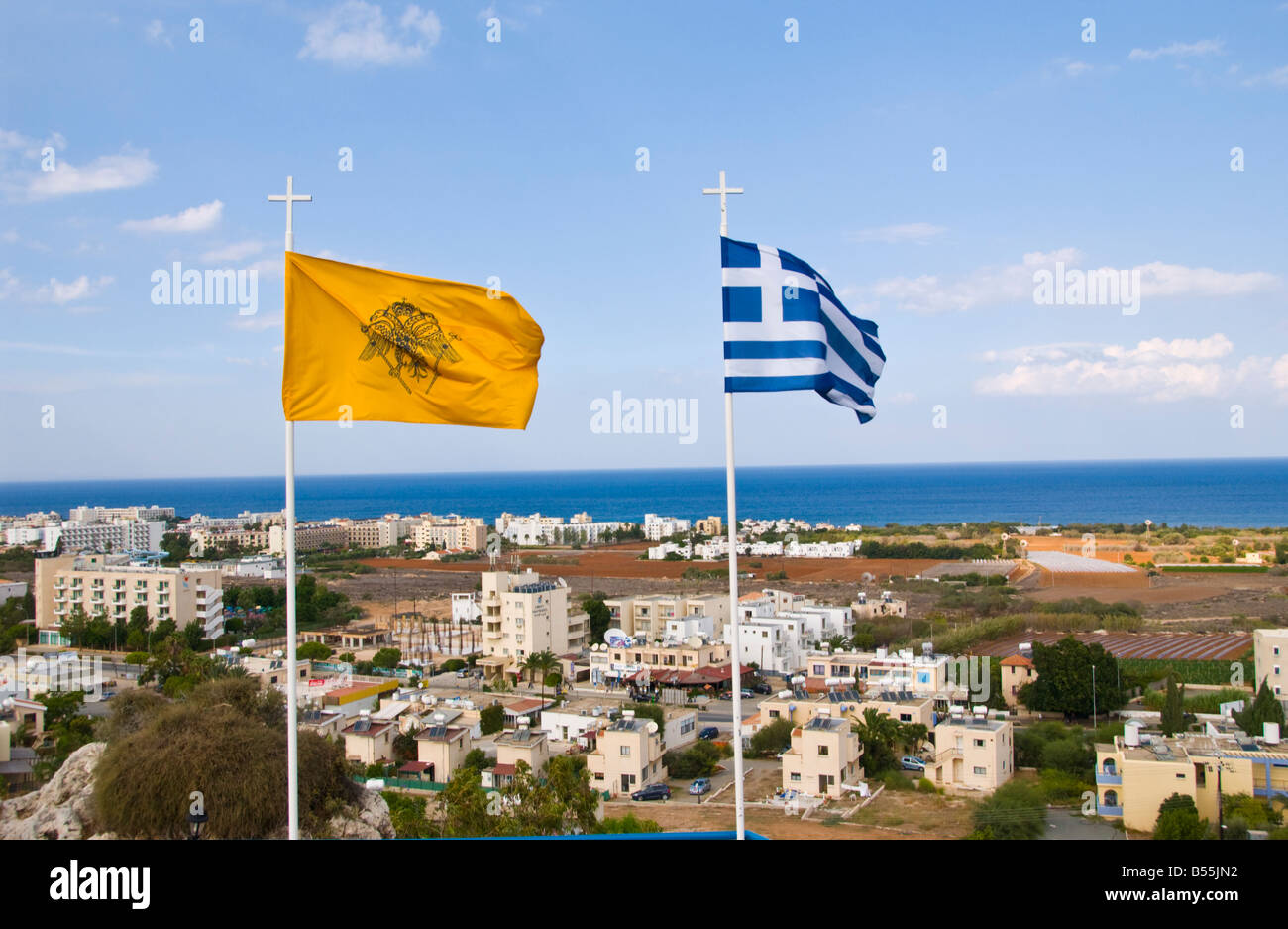Greek flags flying over Protaras on the Eastern Mediterranean island of Cyprus EU Stock Photo