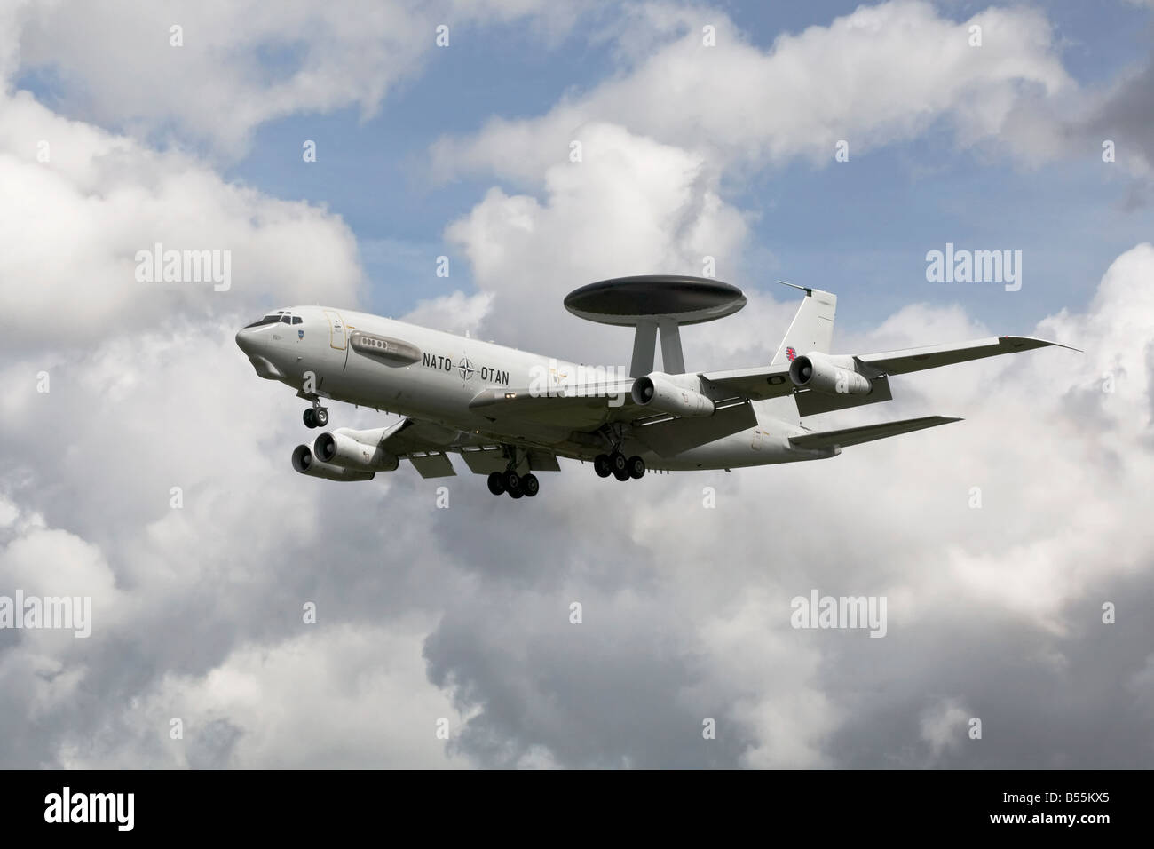 A NATO/OTAN Boeing E3 Sentry on final approach to landing Stock Photo