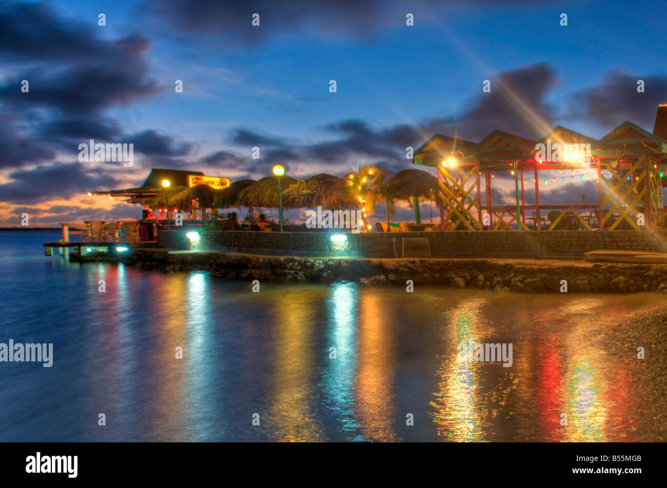 West Indies Bonaire Kralendijk beach bar at sunset Stock Photo