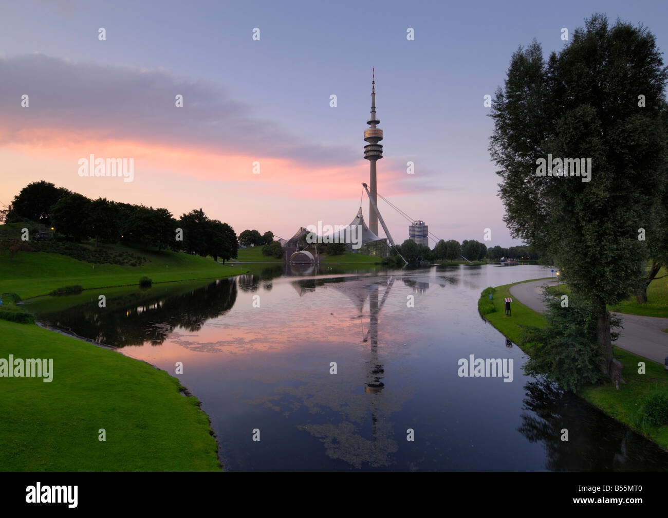 Olympiapark and Olympiaturm (Olympic TV tower) at dusk, Munich, Munchen, Bavaria, Germany Stock Photo