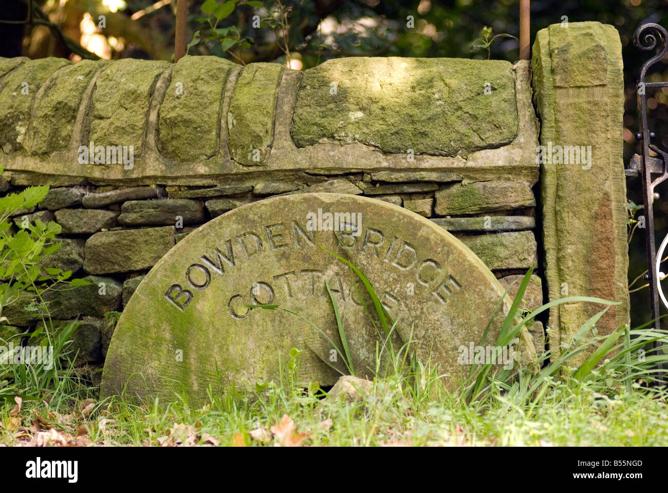 Millstone sign in the Peak District National Park Derbyshire UK England GB Great Britain Stock Photo