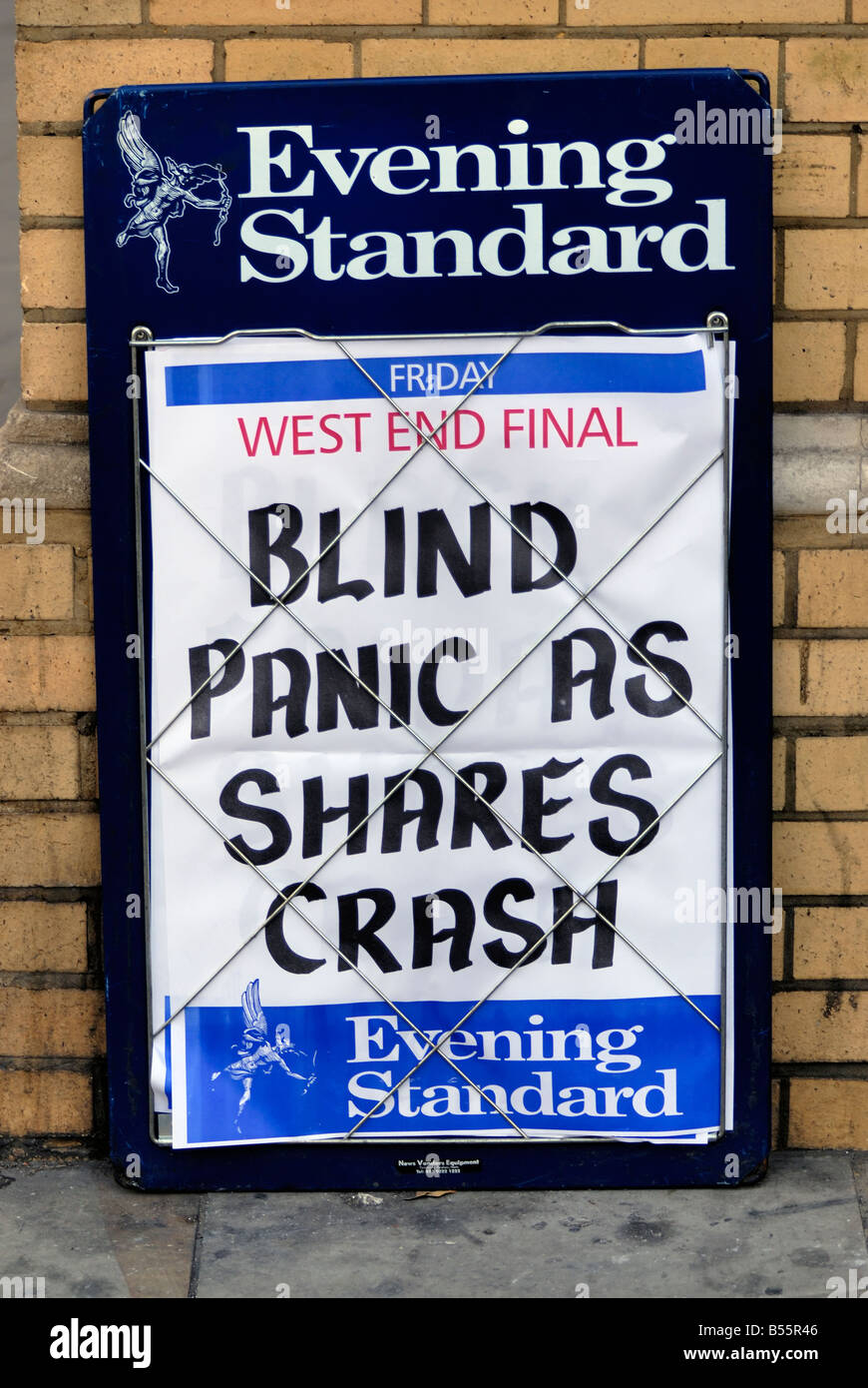 Newspaper board showing share price crash Stock Photo