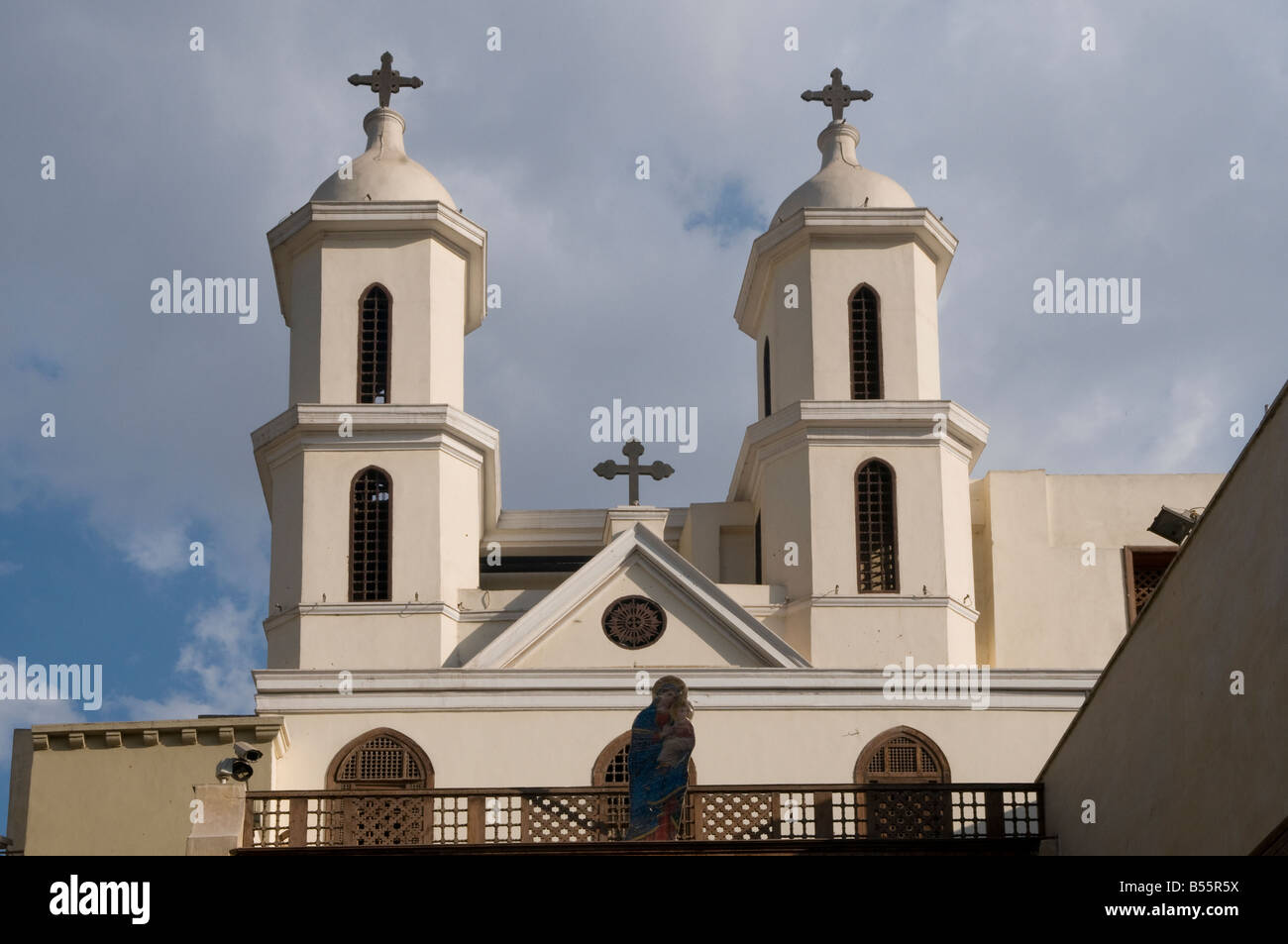 The twin bell towers of the Saint Virgin Mary's Coptic Orthodox also known as the Hanging Church in the Coptic district Cairo Egypt Stock Photo