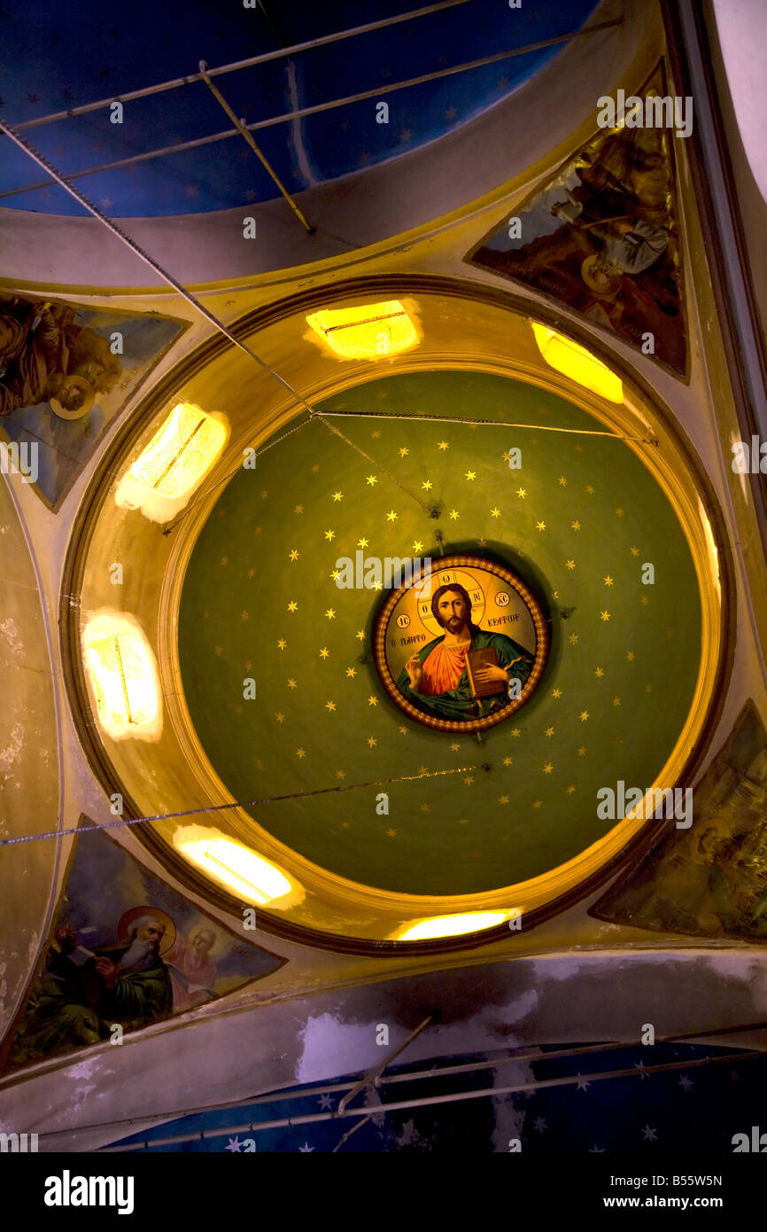 Christ Pantocrator on Ceiling Timiou Stavrou Monastery Samos Greece Stock Photo