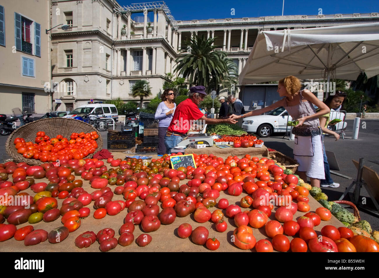 France Nice Cours de Saleya market stall with bio tomatoes Stock Photo
