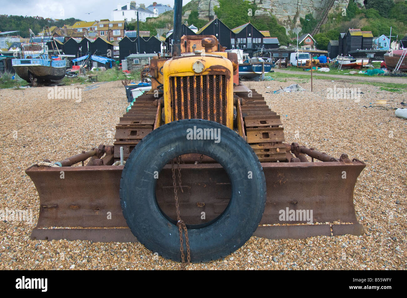 Hastings, East Sussex, England, UK. Old bulldozer on the beach used for ...