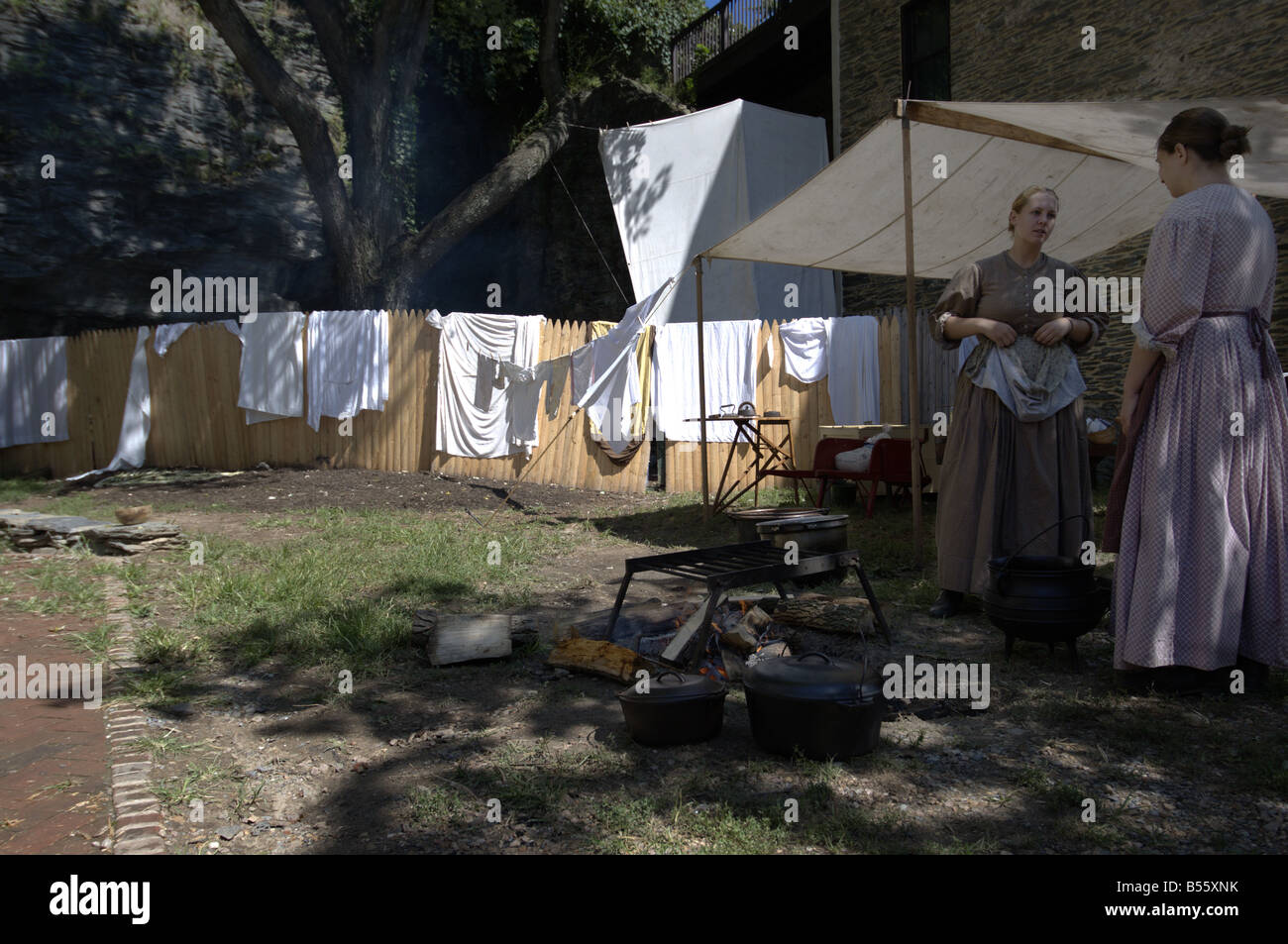 Women doing laundry for the soldiers during a reenactment of the day to day life during the Civil War in Harpers Ferry WV Stock Photo
