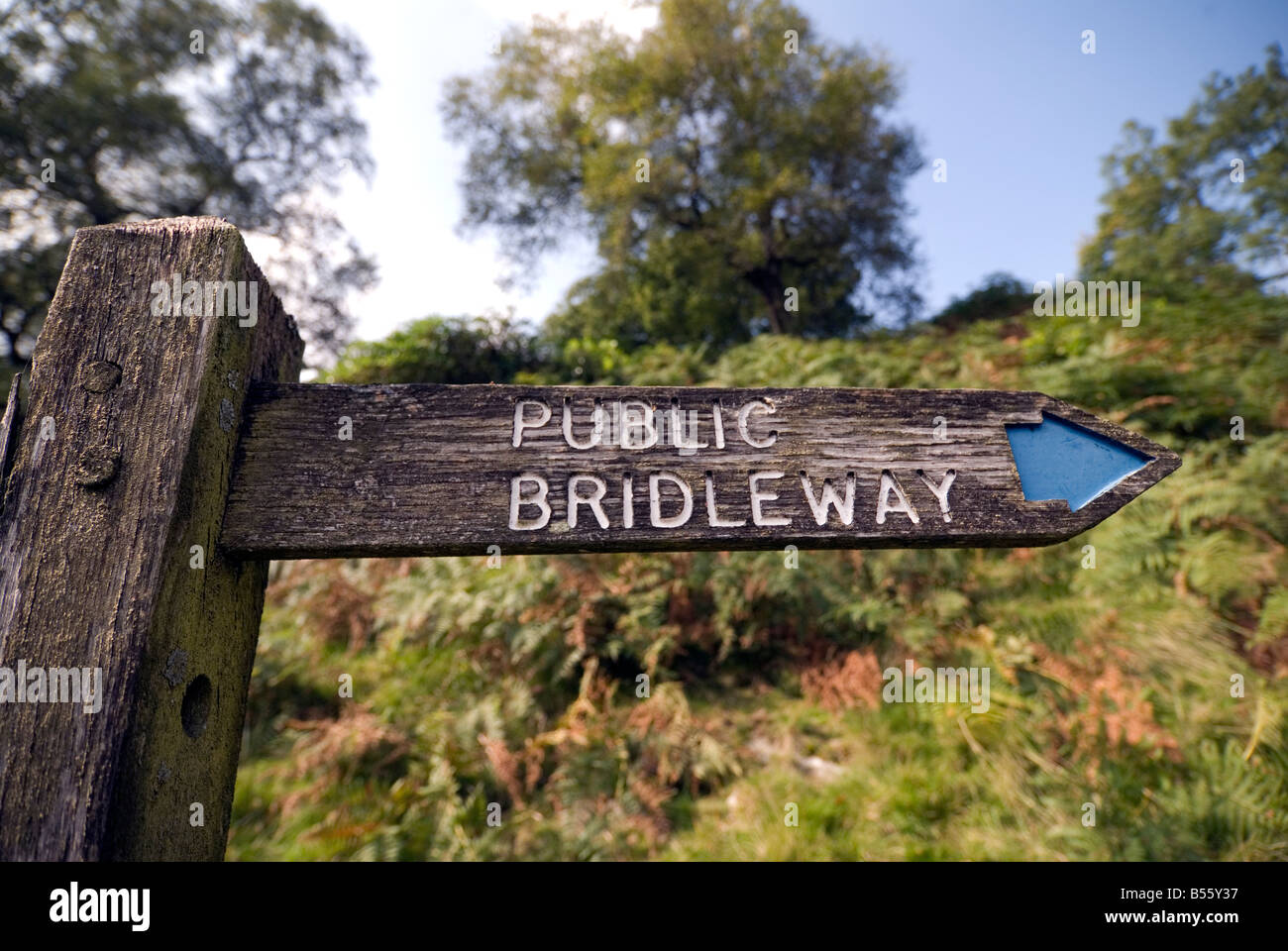 Wooden bridleway signpost in the Peak District National Park Derbyshire UK England GB Great Britain Stock Photo
