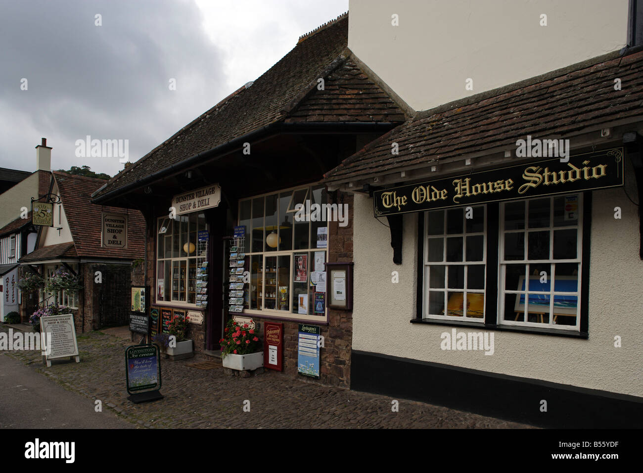 Dunster High Street typical houses Somerset Great Britain United
