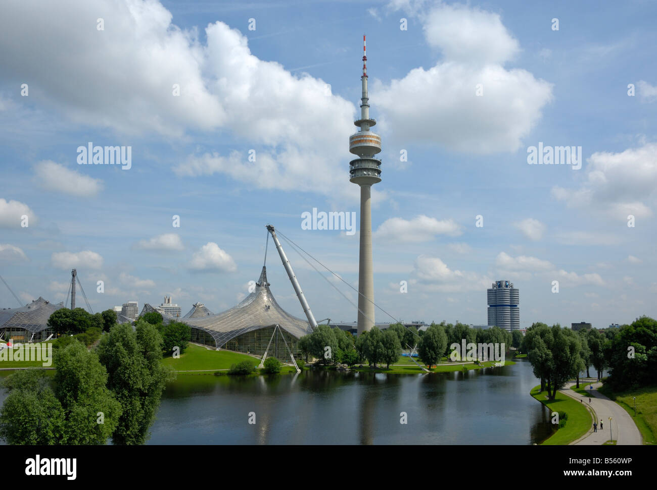Olympiapark and Olympiaturm (Olympic TV tower), Munich, Munchen, Bavaria, Germany Stock Photo
