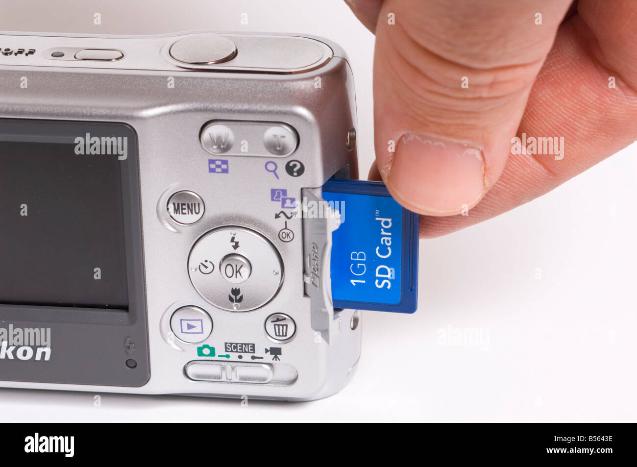 Memory card (secure digital) (sd) digital camera card for compact camera on  white background being inserted inside camera Stock Photo - Alamy