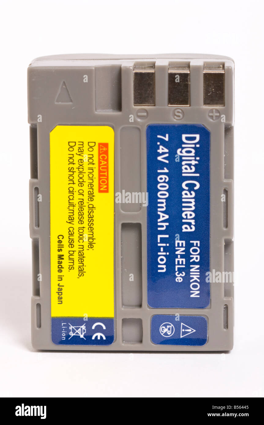 Re-chargeable digital camera battery (Li-ion) for dslr on white background Stock Photo