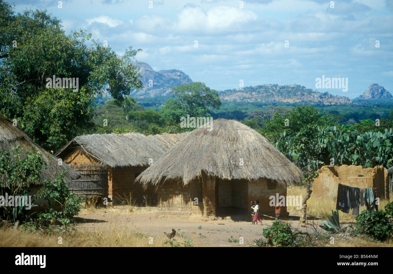 thatched huts at a village in Zambia, Africa Stock Photo