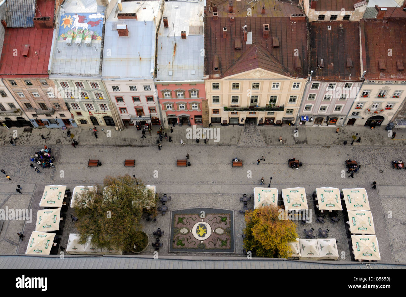 Aerial view of the market place ('rynek') in central Lvov, Ukraine Stock Photo