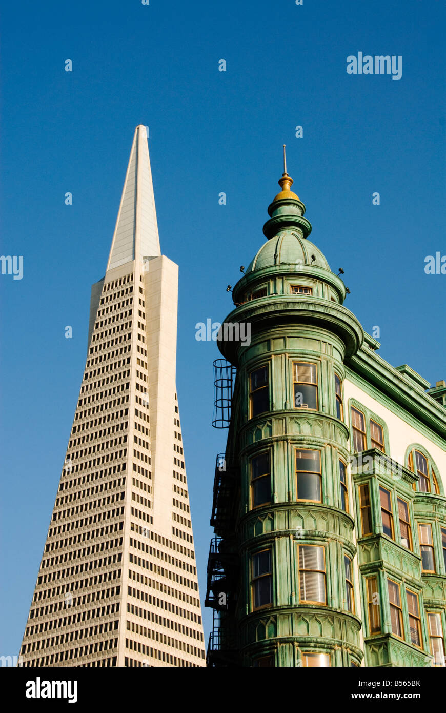 California San Francisco Old and new architecture Zoetrope Building and Transamerica Pyramid as seen from North Beach. Stock Photo