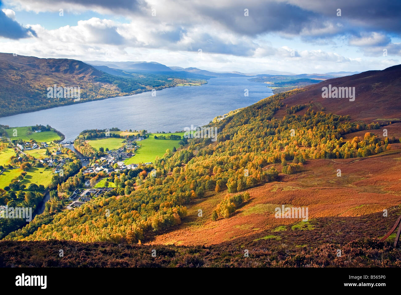 The village of Kinloch Rannoch and Loch Rannoch in the autumn viewed from Craig Var,Perthshire The village of Kinloch Rannoch and Loch Rannoch in the autumn viewed from Craig Var,Perthshire