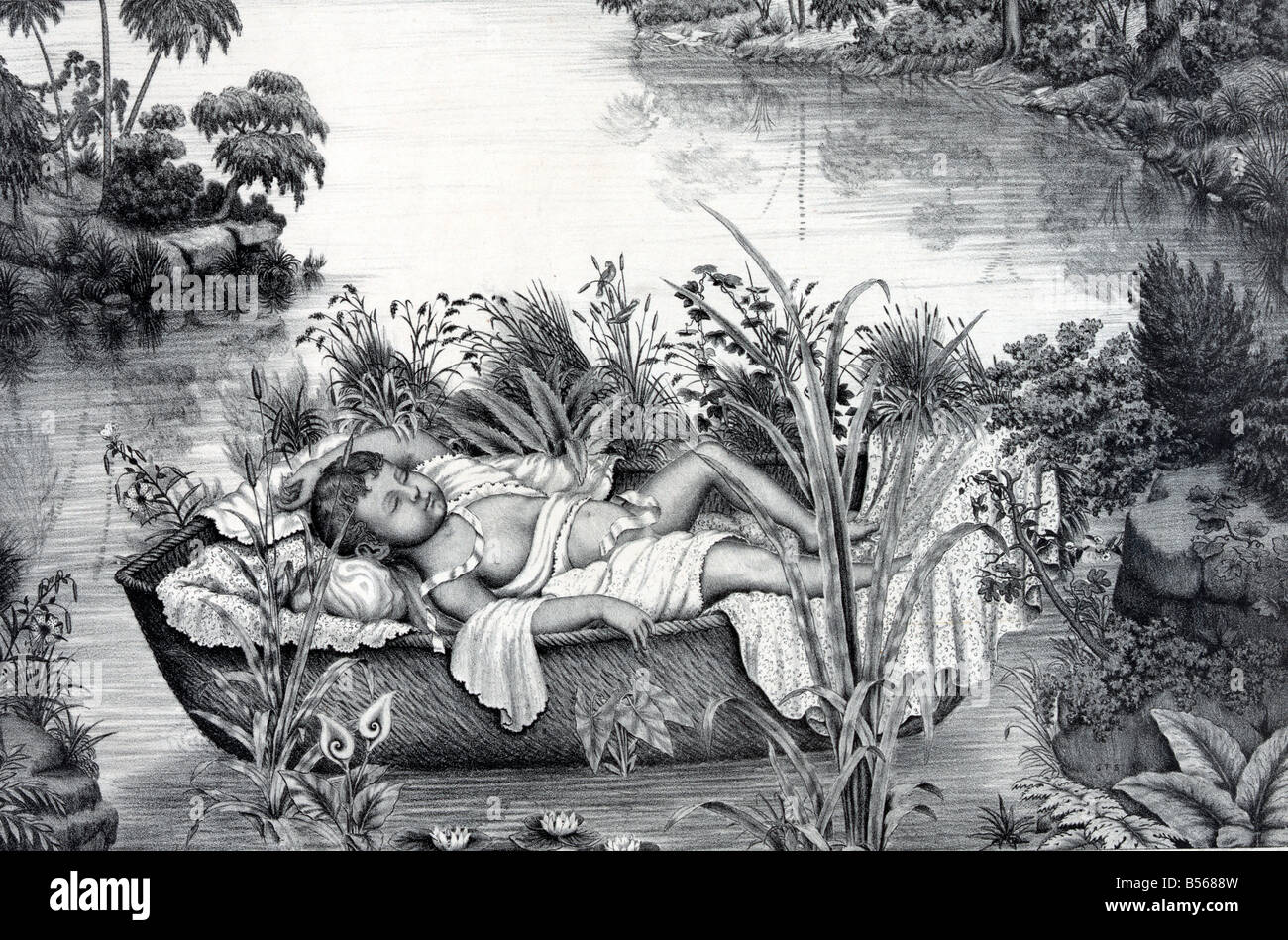 Print showing Moses as an infant floating in a basket on a river. Stock Photo