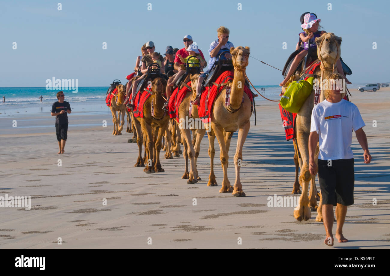 Camel riding tourists on Cable Beach Broome Western Australia Stock Photo