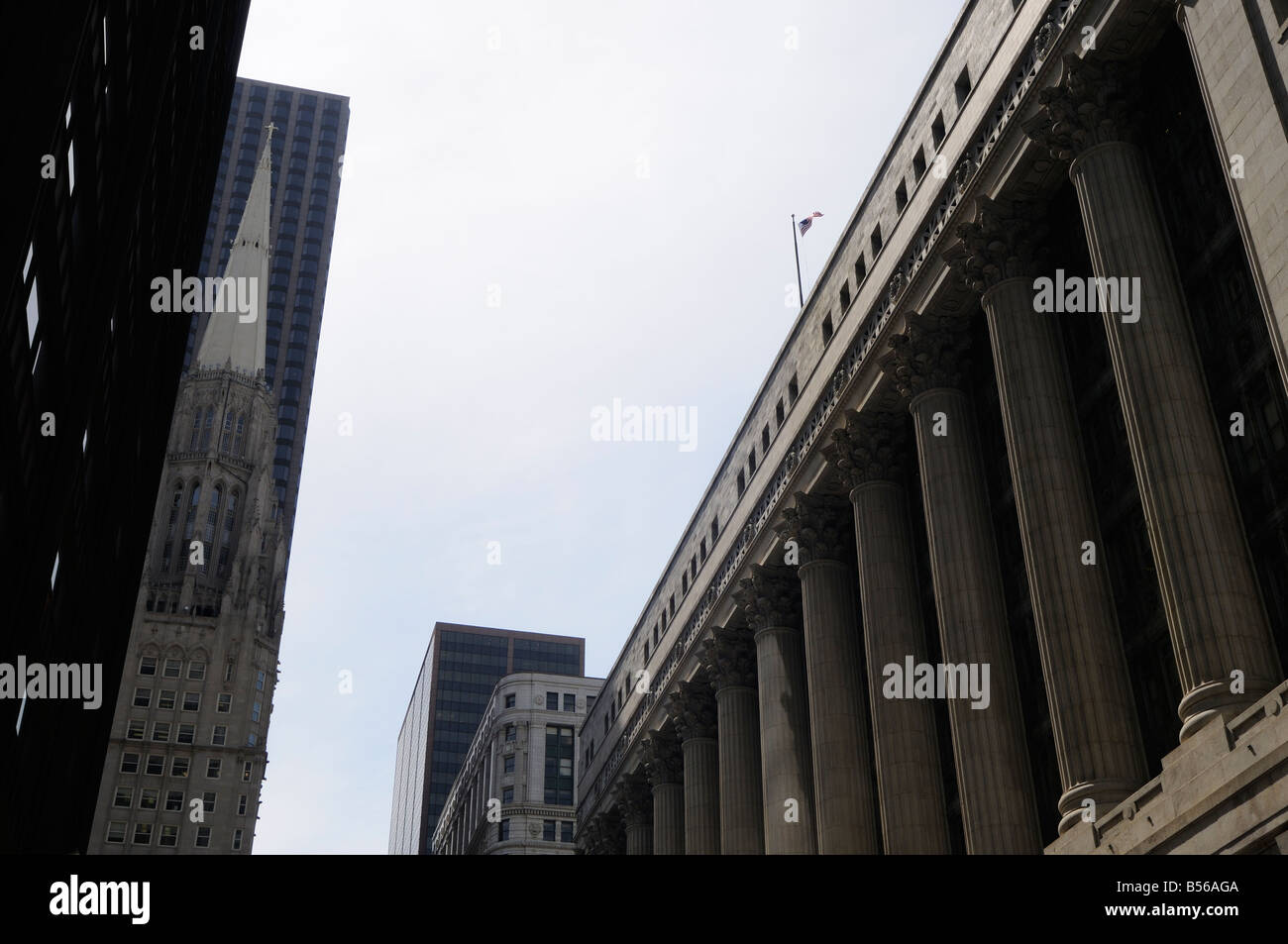 Chicago Temple Building (left) and Chicago City Hall (right). North Clark Street. The Loop. Chicago. Illinois. USA Stock Photo