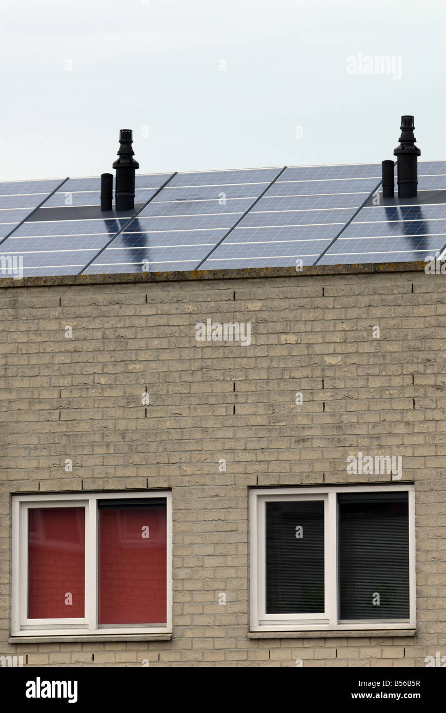 Shell solar panels fitted to apartments on the world's largest solar powered housing estate, Nieuwland, Amersfoort, Netherlands. Stock Photo