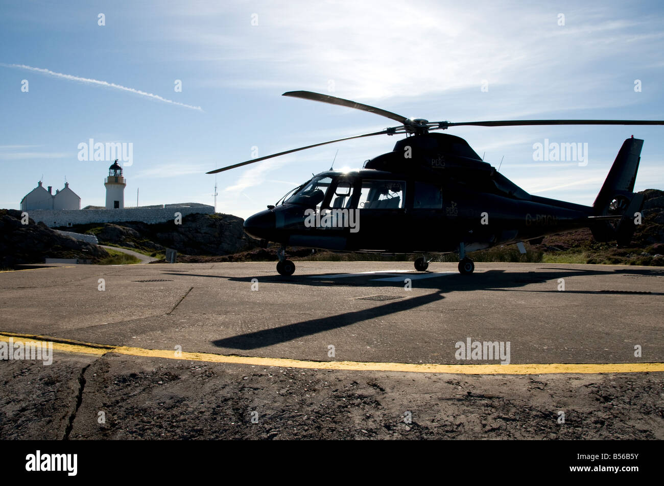 Helipad with Dauphin operated by PDG on Rona near Skye Scotland Stock Photo