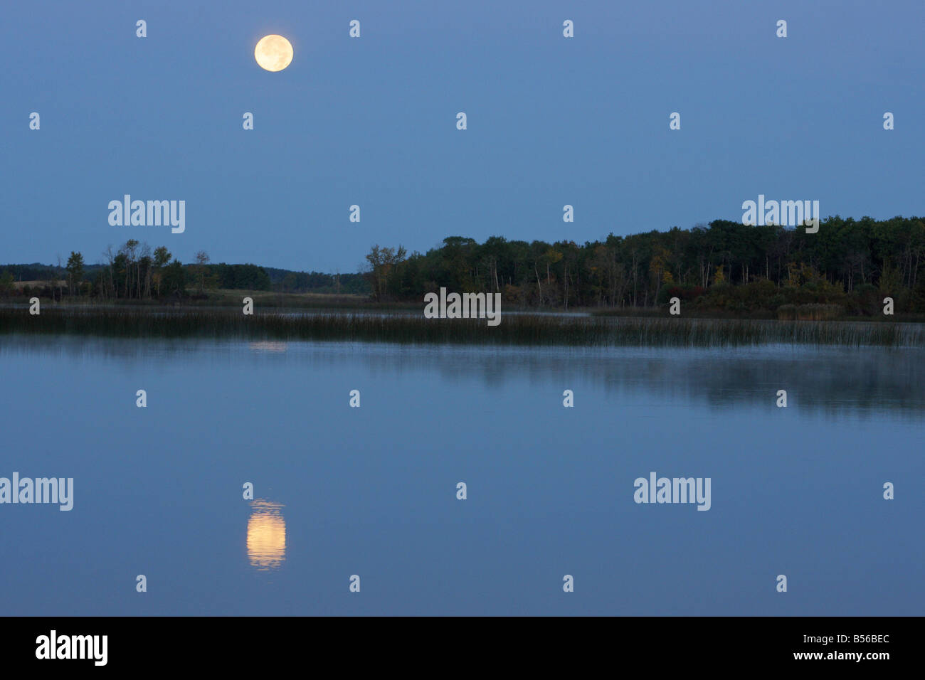 Early dawn moonscape with reflection of the moon in the water Stock Photo