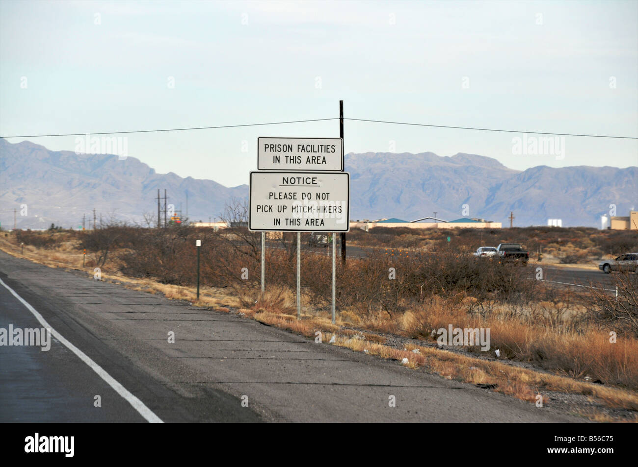 Prison facilities in this area, do not pick up hitchhikers Stock Photo Alamy