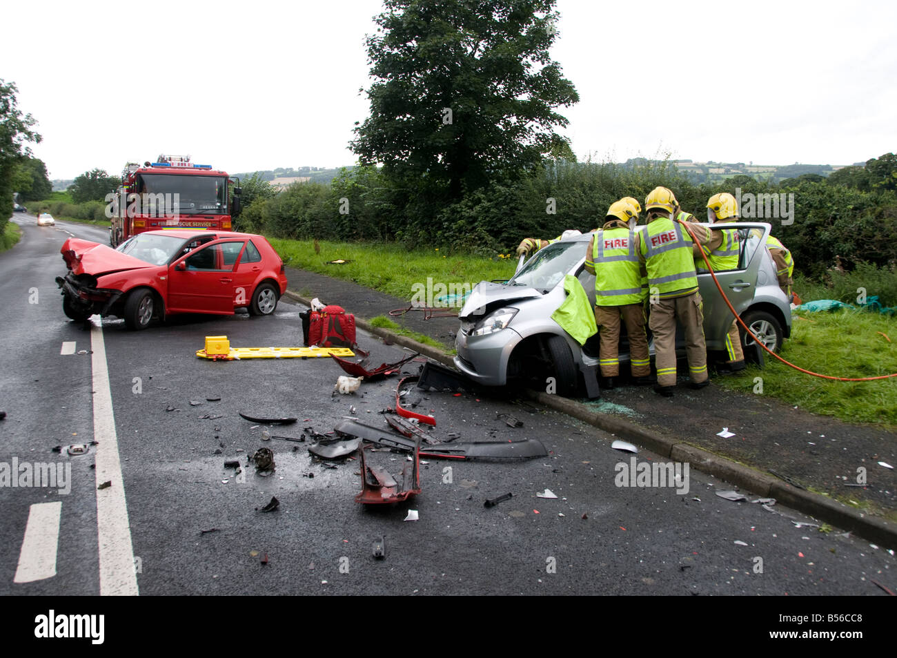 firemen attend rtc in Cumbria Stock Photo