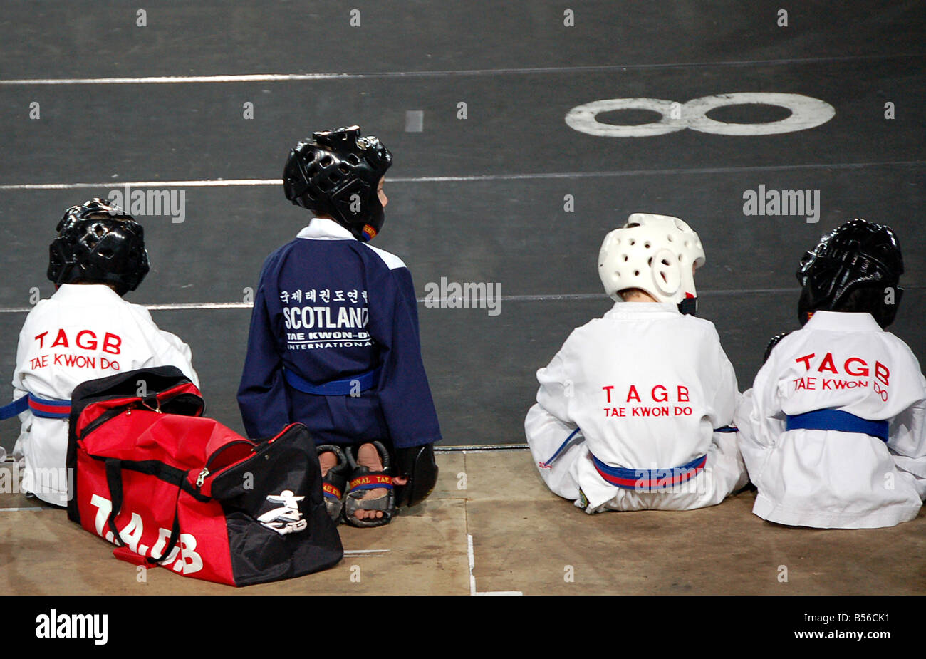 Children Sitting at TAGB Tae Kwon Do Competition Stock Photo