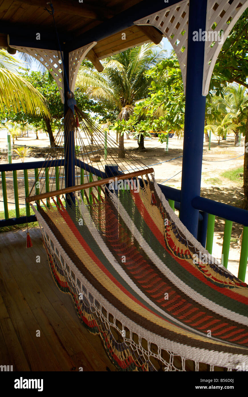 Hammock outside a guest cabin at the Arenas Beach hotel on Big Corn