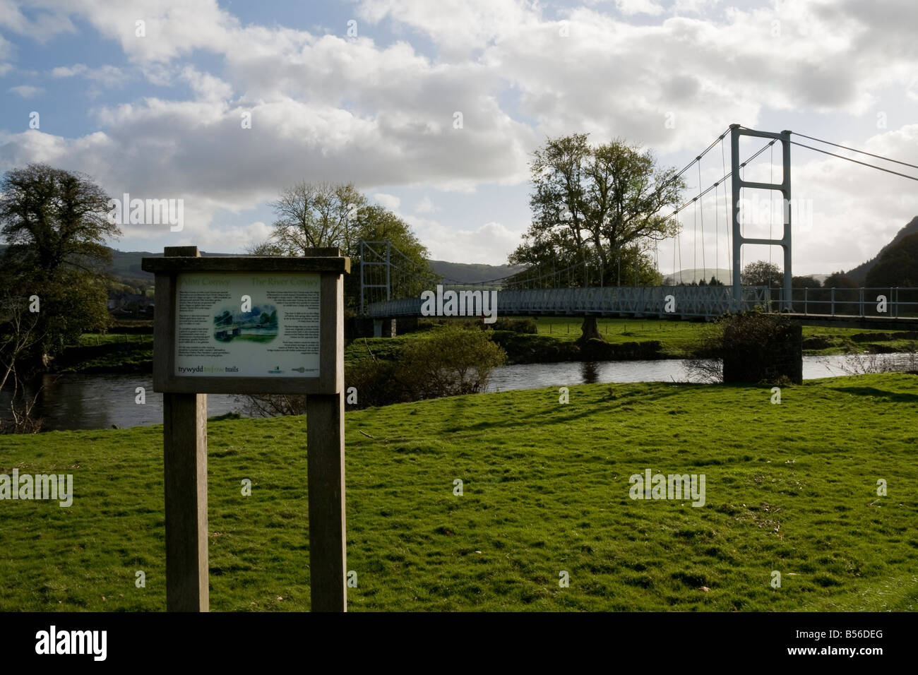 Gower Suspension Bridge And Information Panel On The River Conwy gower-suspension-bridge-and-information-panel-on-the-river-conwy