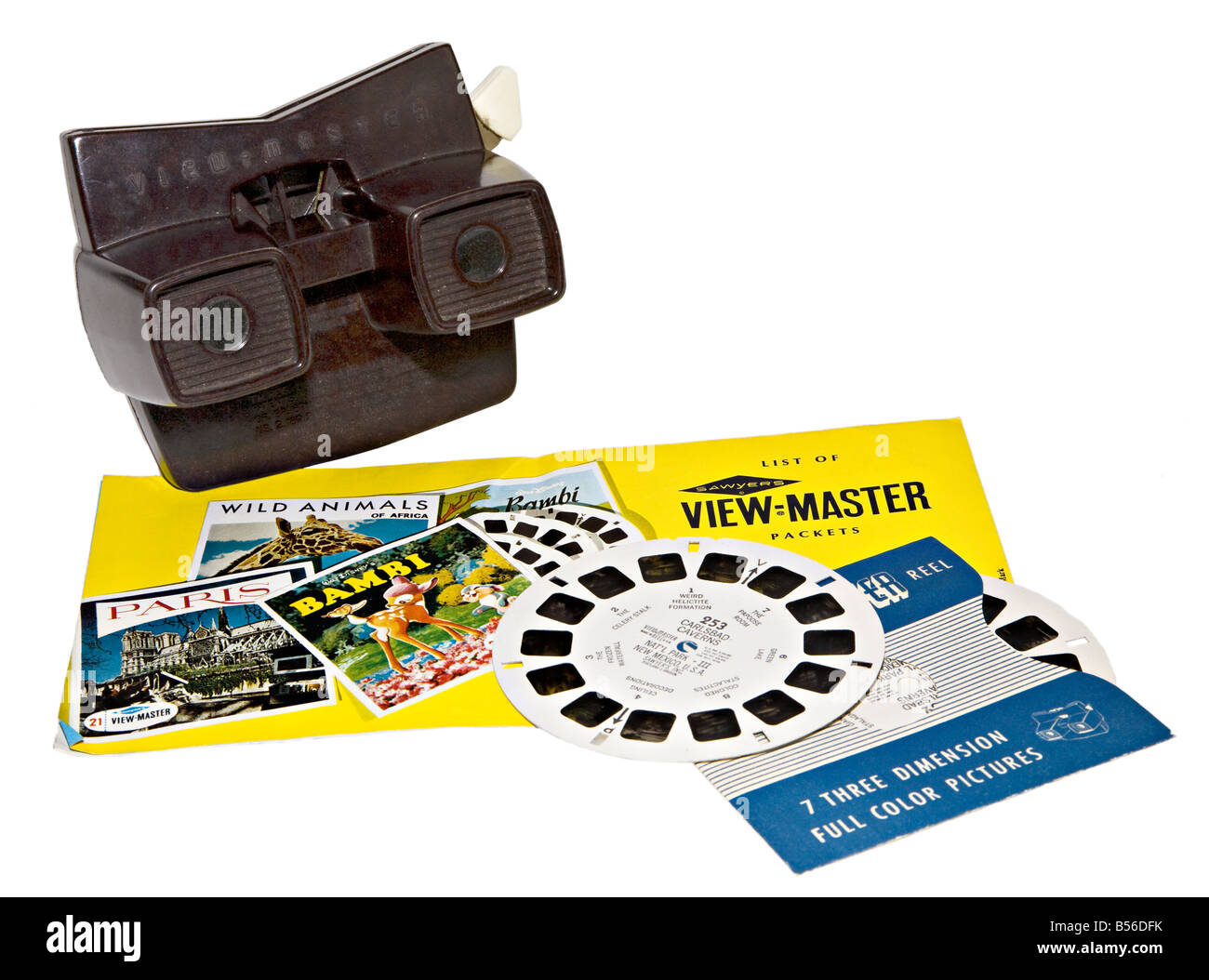 View-Master 3D bakalite viewer Model E produced from 1955 in Belgium with advertising sheet and reels Stock Photo