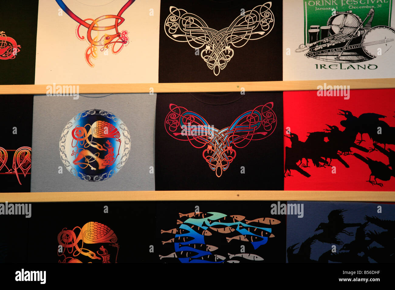 T-shirts with Gaelic overprints in an Irish T-shirt shop at the westcoast of Ireland Stock Photo