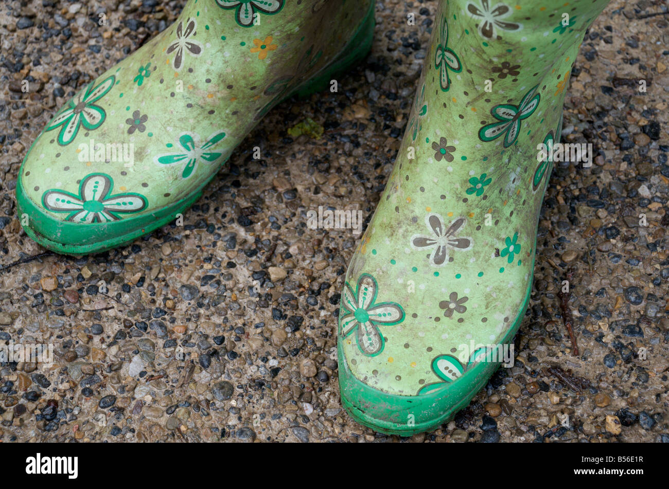 Green flower wellies at RHS Harlow Carr Garden, Harrogate Stock Photo