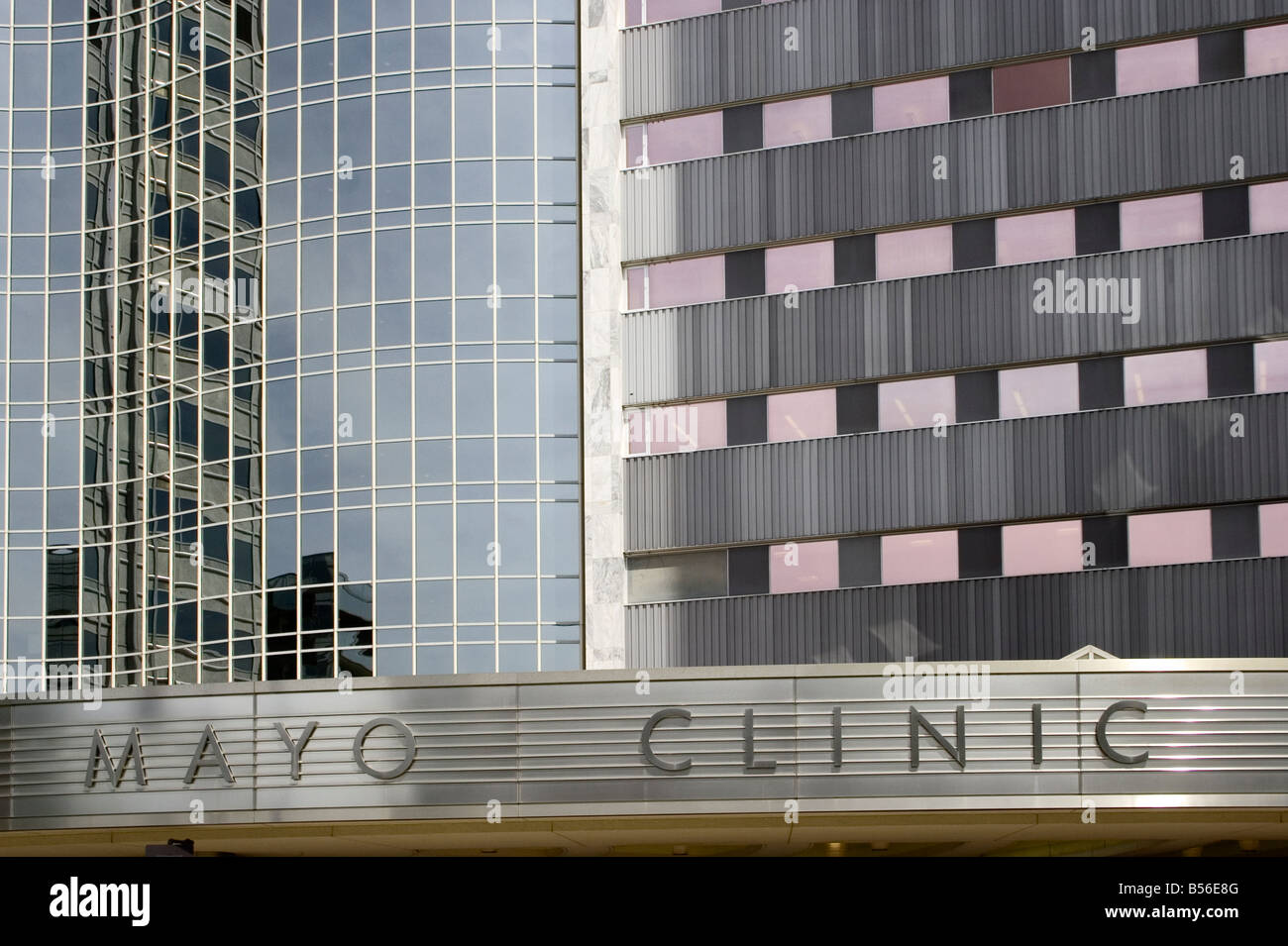 The sign above the main patient entrance to the Mayo Clinic Stock Photo