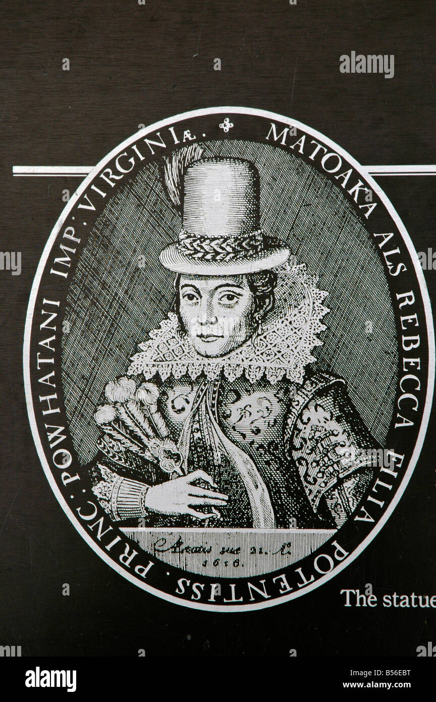 Portrait of Pocahontas Indian princess wears English clothing Mrs John Rolfe Historic Jamestowne Virginia jamestown landing 1607 Stock Photo